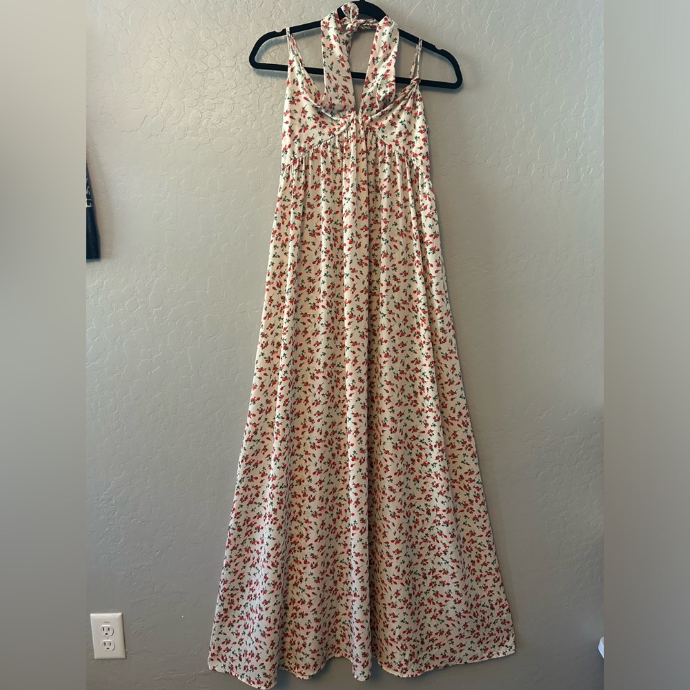 ⭐️Nasty Gal white, pink and red rose print maxi dress with halter size 2